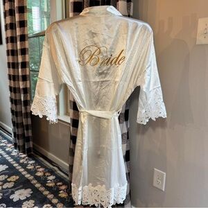 White Satin “Bride” Robe with Lace Trim